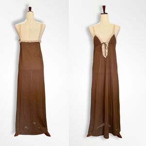 VTG Sheer Brown Maxi Length Plunge Slip Nightgown, M/L